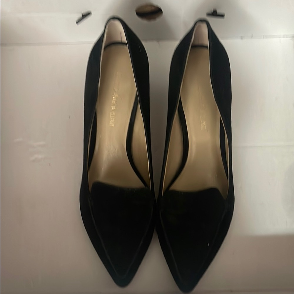 Enzo Angelini black suede heels with gold detailing on 1 inch heel